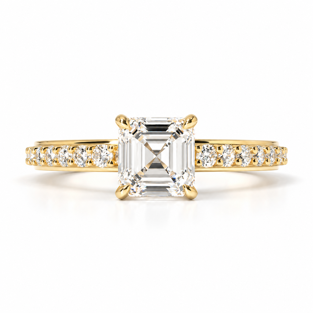 1.00 ct Asscher Cut Pavé Cathedral Ring 1ct Yellow Gold