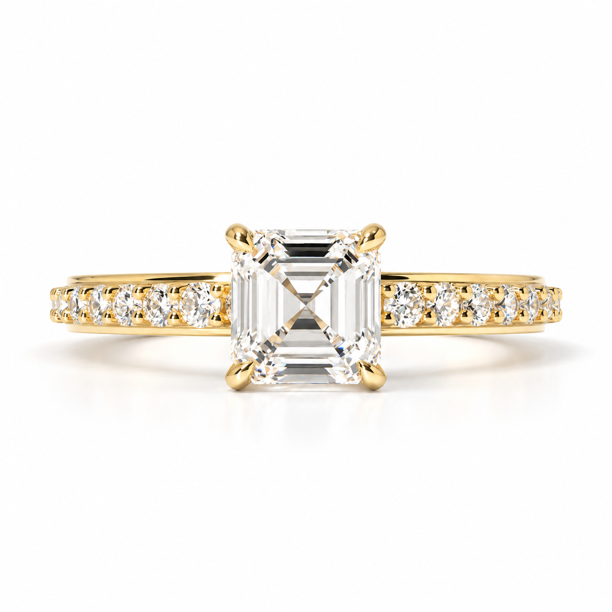 1.00 ct Asscher Cut Pavé Cathedral Ring 1ct Yellow Gold