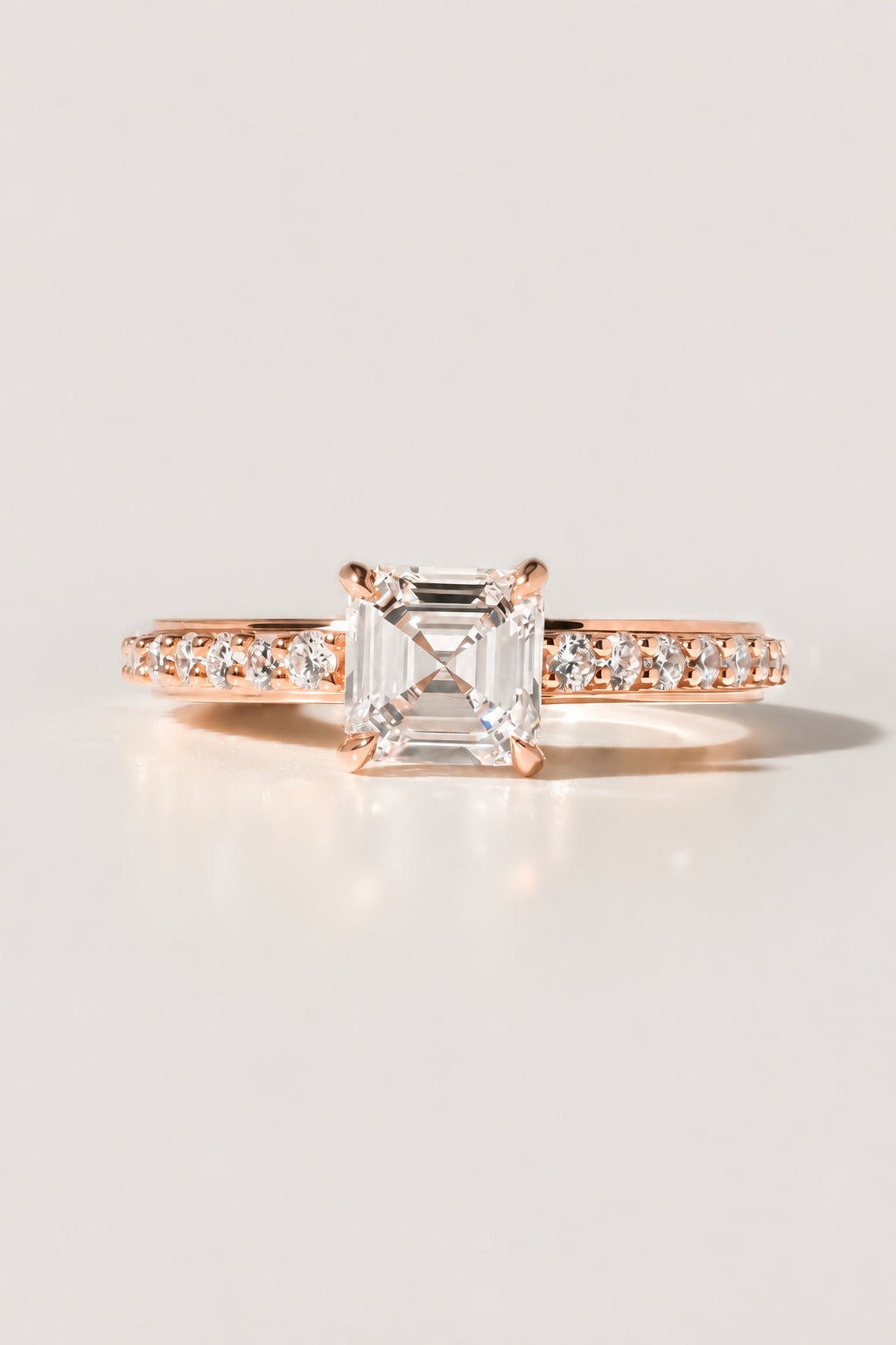 1.00 ct Asscher Cut Pavé Cathedral Ring 1ct Rose Gold