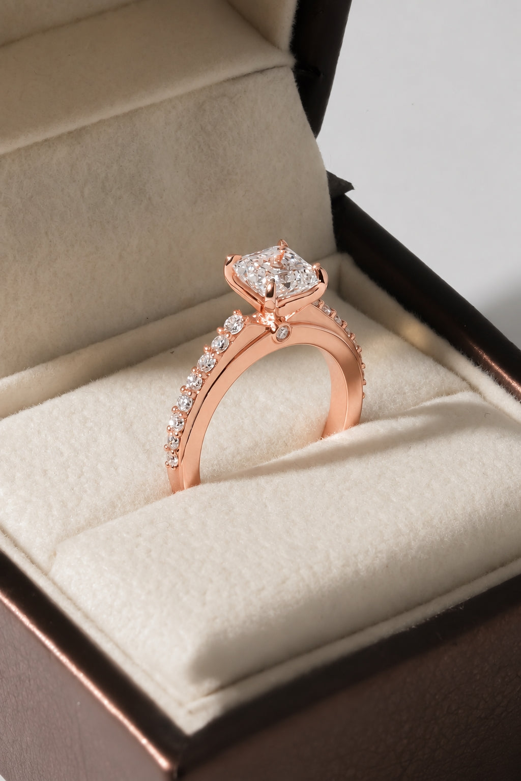 1.00 ct Asscher Cut Pavé Cathedral Ring 1ct Rose Gold