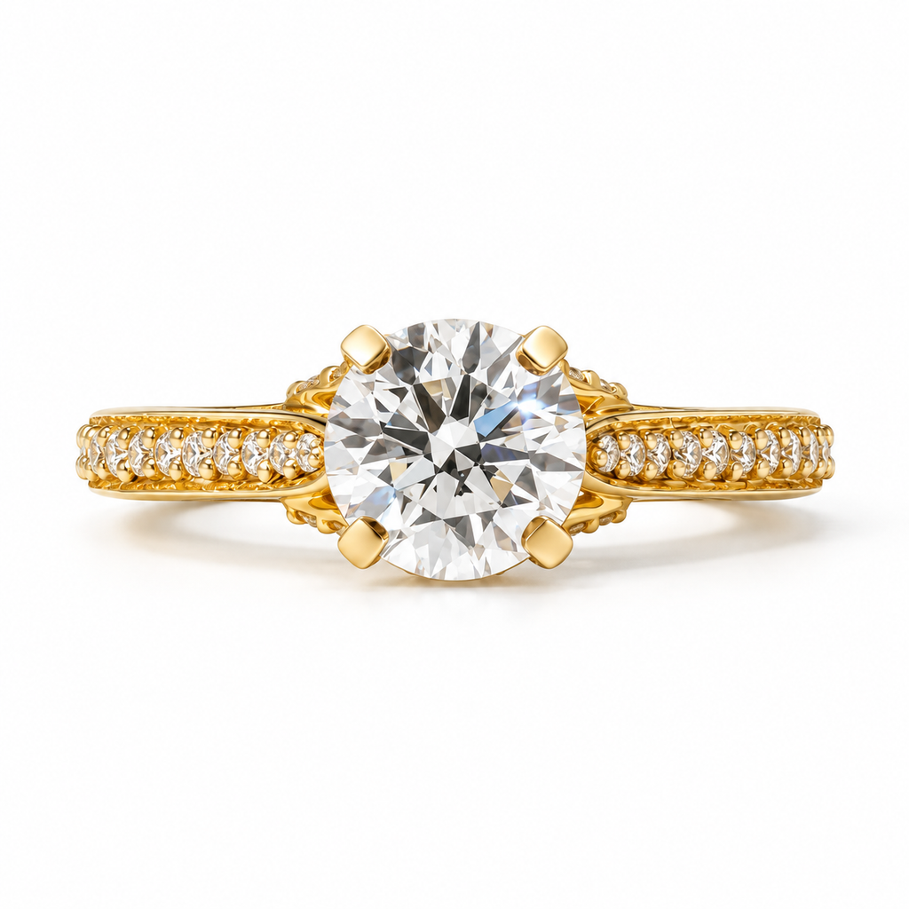 1.00 ct Round Diamond Vintage Pavé Ring 1ct Yellow Gold