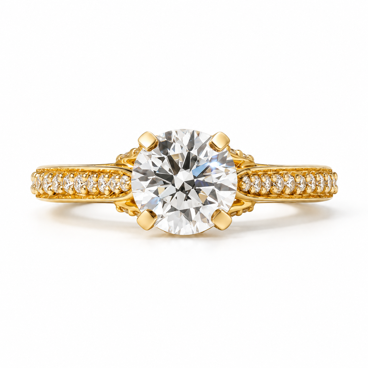 1.00 ct Round Diamond Vintage Pavé Ring 1ct Yellow Gold