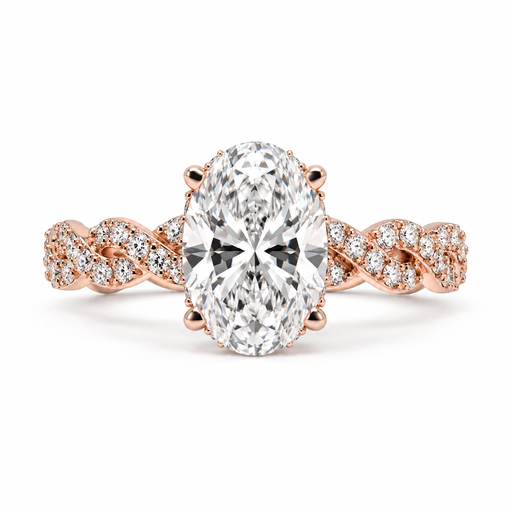 1.00 ct Oval Diamond Twisted Pavé Ring 1ct Yellow Gold