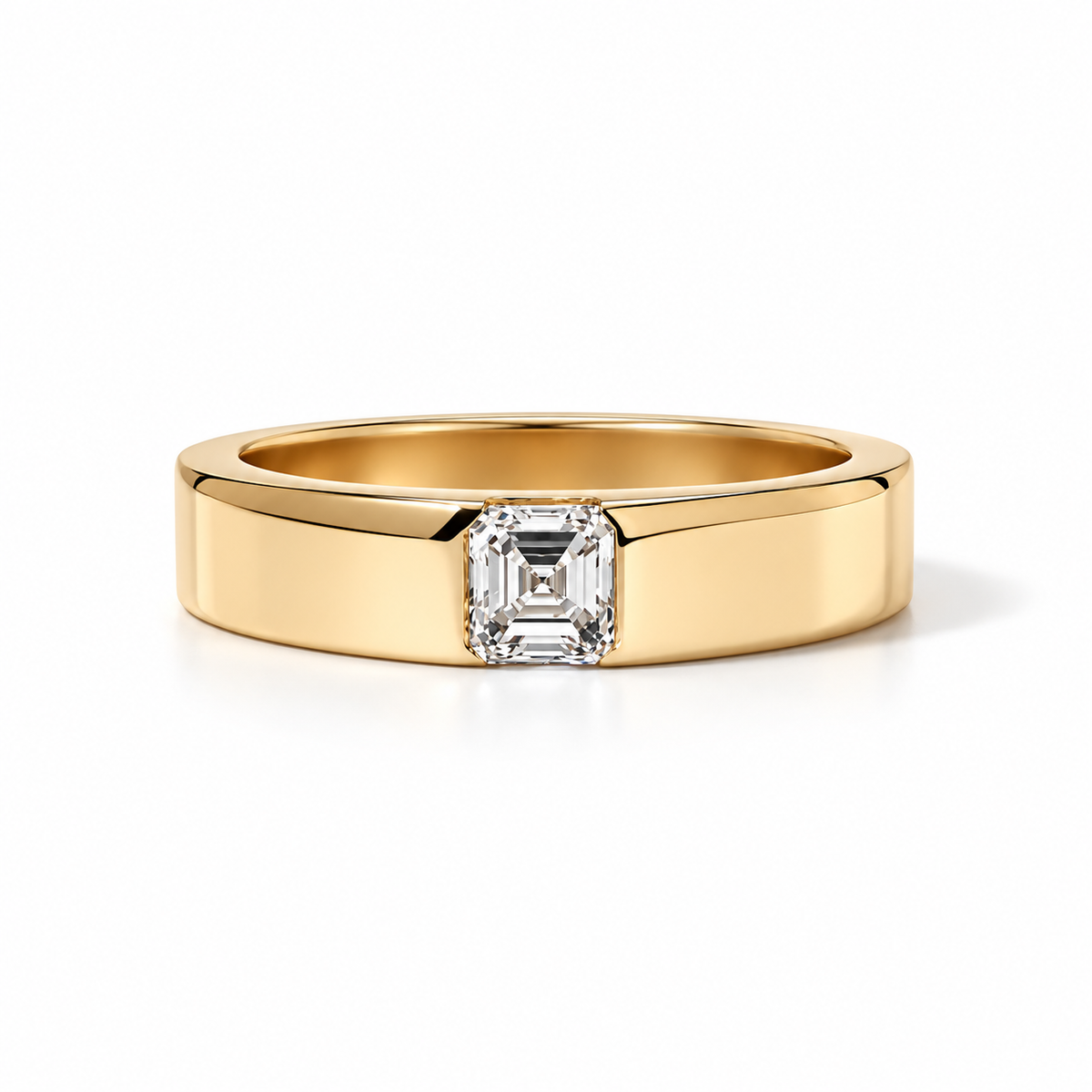 1.00 ct Asscher Cut Flush Set Band Ring Yellow Gold